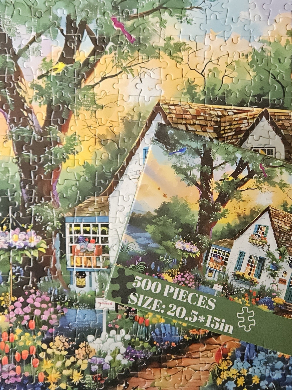 Colorful Cottage Puzzle Box Art - White Cottage with Blue Door - Picture 2 of 3